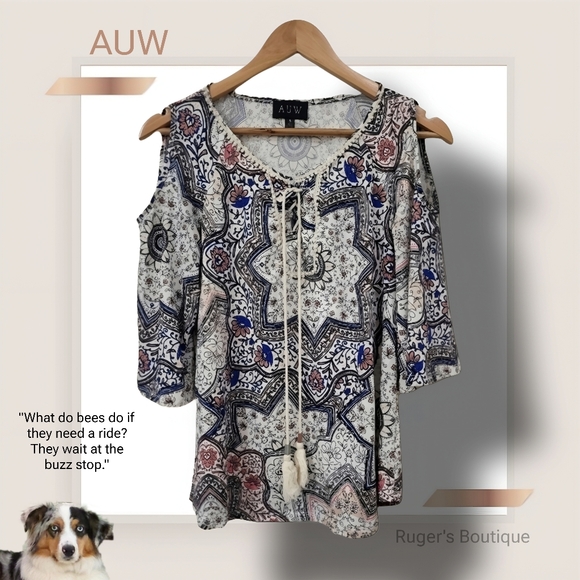 🌿AUW Womens Small Drop Sleeve Multi Print Top with Tassel Ties-So cute! - Picture 11 of 12